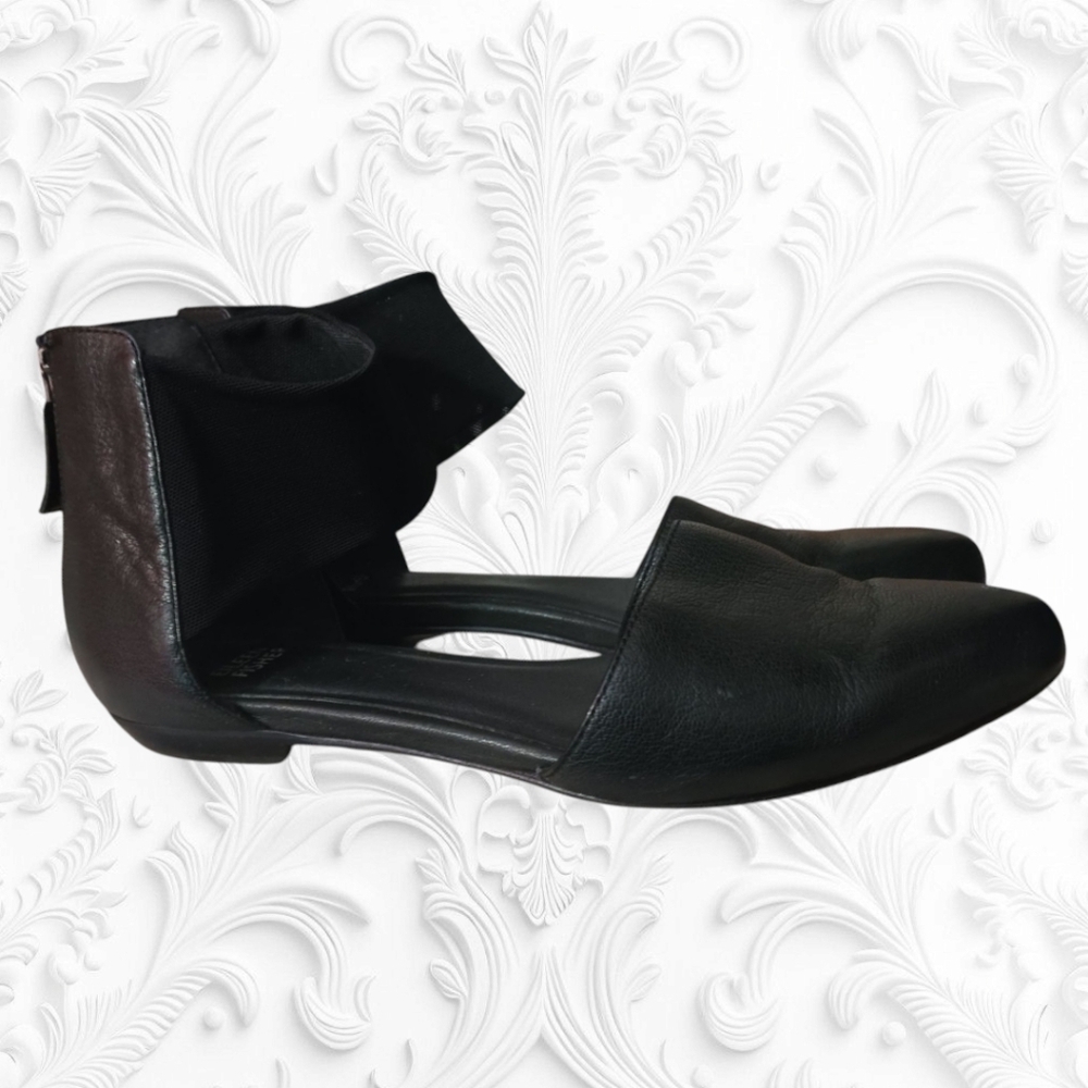 Eileen Fisher Allot Tumbled Ballet Flats Black Leather Mesh Ankle Strap 6.5